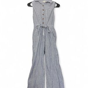 Blue and white striped button up jumpsuit with tie waist size small S